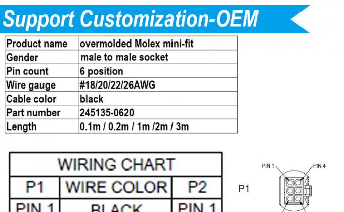 Personalización de sobremoldeado masculino a masculino femenino 6 pin 2451350620 Molex Mini-Fit 4.2mm Pitch Conector de montaje de cable 0