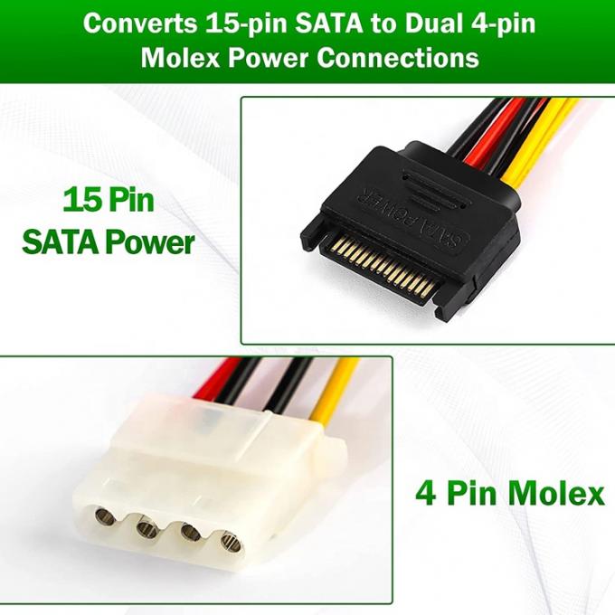 Sata 15 Pin Hombre a doble Molex 4 Pin Lp4 IDE Hombre Disco duro de energía Y adaptador Cable de conversión para HDD SSD 1