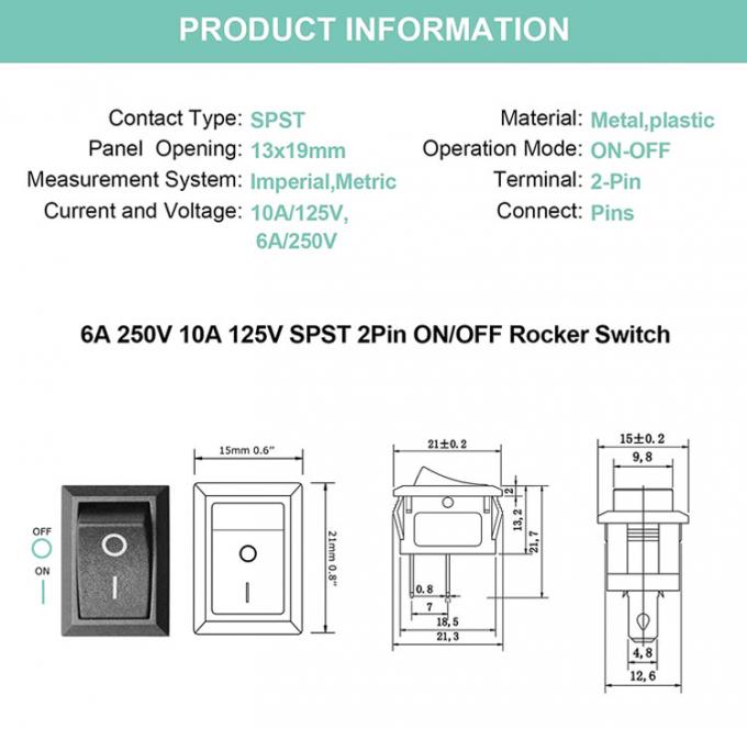 AC 6A/250V 10A/125V Negro 2 posición de pines Enciende el interruptor de rocker eléctrico del barco 0