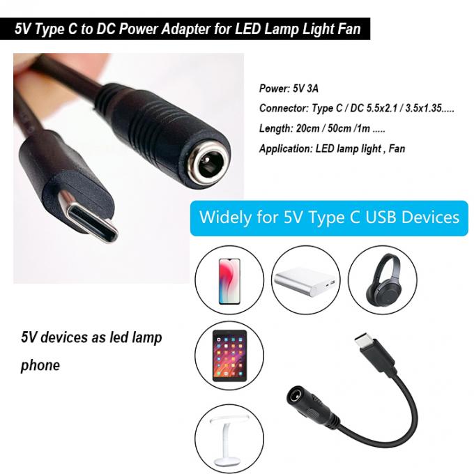 5V Tipo C a CC 3.5x1.35mm 5.5x2.1mm Cable de extensión de carga de energía para ventilador de lámpara de escritorio LED 0