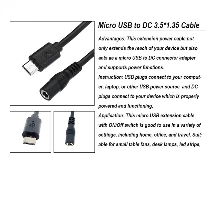 Micro USB Hombre a CC 3.5x1.35mm Hombre Jack cable de extensión de energía para ventiladores LED tiras 0