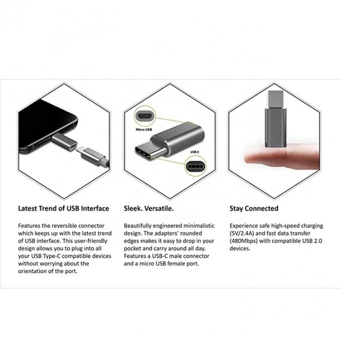 Adaptador de convertidor OTG de conexión y reproducción de metal Shell Micro USB Femenino a Tipo C Hombre 3