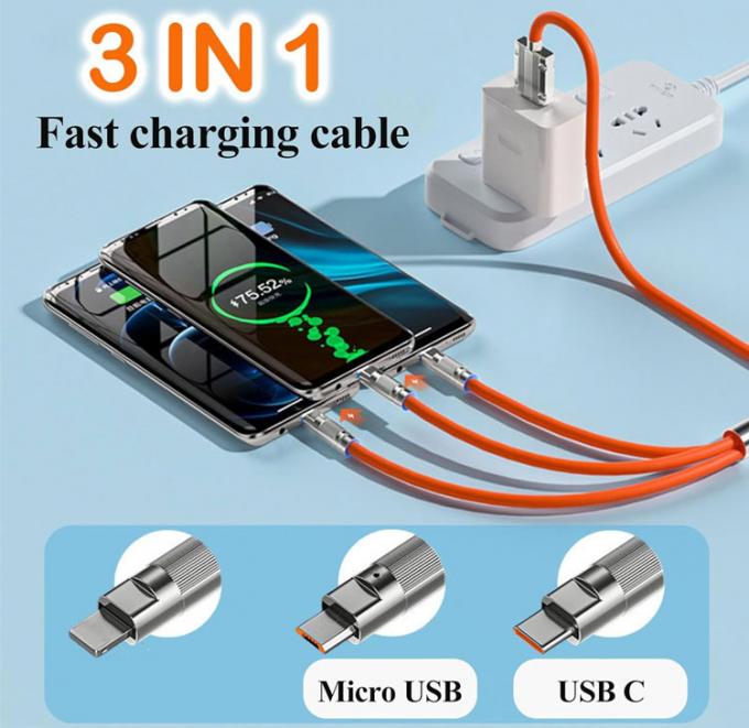 Carga súper rápida 120w 6A Silicón líquido 3 en 1 Multi conectores Micro Tipo C Cable de cargador de datos USB para teléfono móvil 1