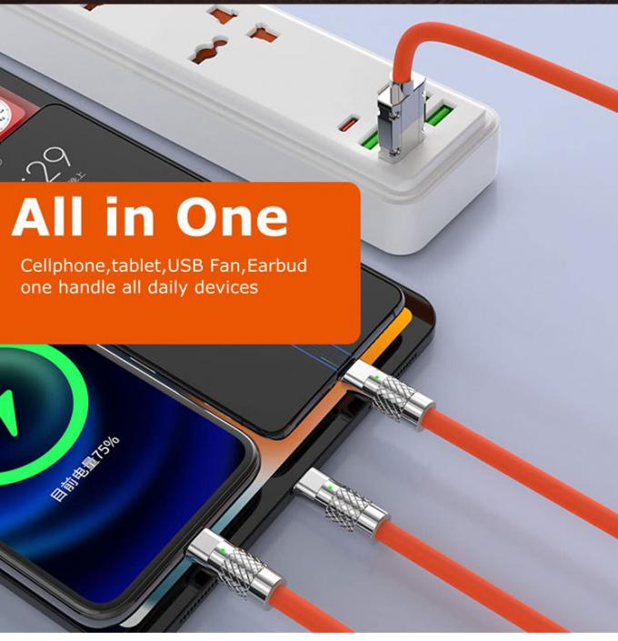 Carga súper rápida 120w 6A Silicón líquido 3 en 1 Multi conectores Micro Tipo C Cable de cargador de datos USB para teléfono móvil 5