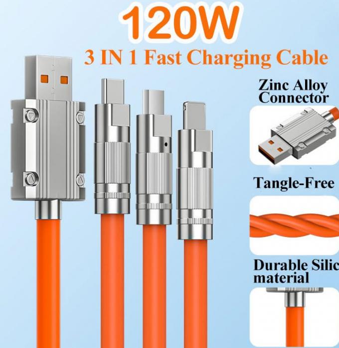Carga súper rápida 120w 6A Silicón líquido 3 en 1 Multi conectores Micro Tipo C Cable de cargador de datos USB para teléfono móvil 3
