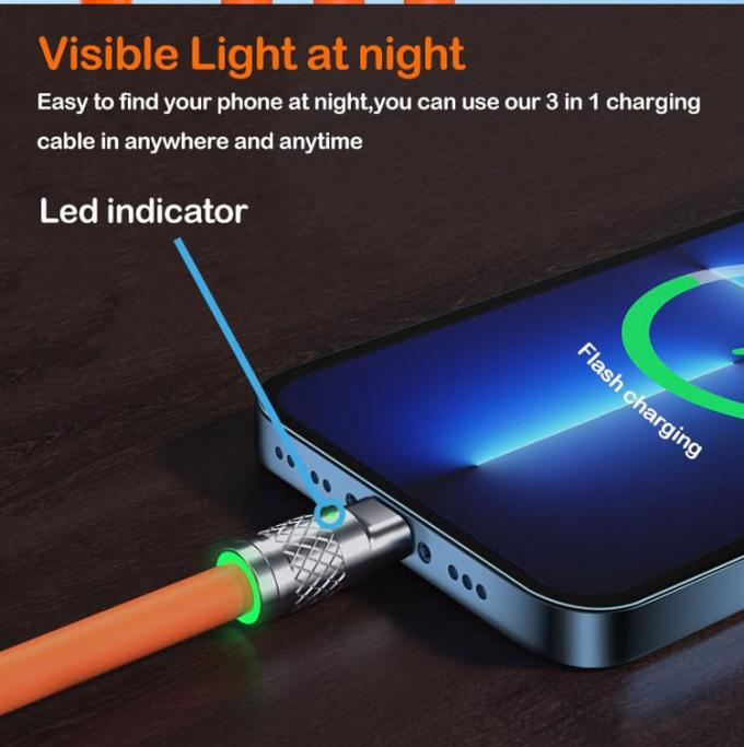 Carga súper rápida 120w 6A Silicón líquido 3 en 1 Multi conectores Micro Tipo C Cable de cargador de datos USB para teléfono móvil 4