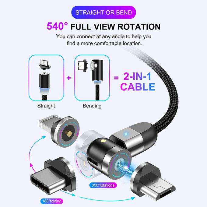 Cargador rápido Accesorios para teléfonos 540 grados Rotación 3 en 1 Micro Tipo C Cable de carga de datos USB magnético 6
