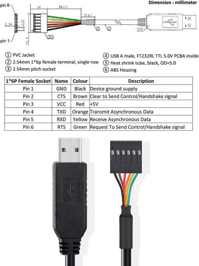 FTDI Chip FT232 USB a TTL 3.3V 5V Uart RTS CTS TXD RXD Cable de conversión en serie para Arduino Raspberry Pi 2