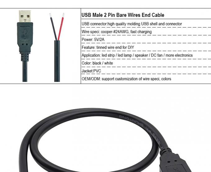 5V USB para abrir cables desnudos de lata despojados de cables de carga de energía de cola de cerdo para lámpara de luz de banda LED 3
