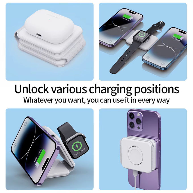 Cargador inalámbrico plegable magnético 3 en 1 iPhone 12-15 15w Estación de carga inalámbrica rápida Cargadores inalámbricos portátiles 4
